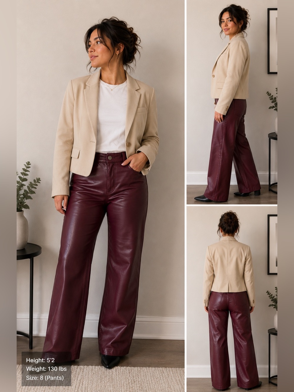 Garage Burgundy Faux Leather Pants. Wide leg. Short length.